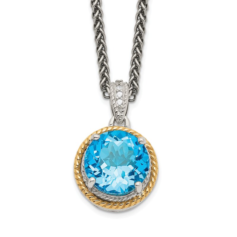 Sterling Silver with 14K Accent 18 Inch Antiqued Round Blue Topaz Necklace