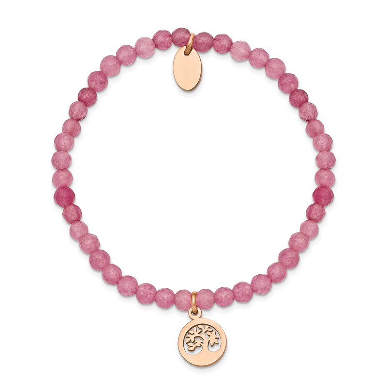 Stainless Steel Polished Rose IP-plated Tree 4mm Pink Jade Beaded Stretch Bracelet