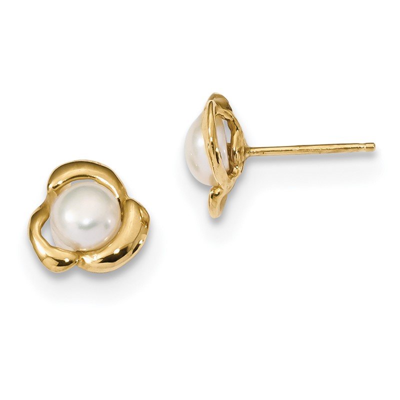 14k 5-6mm White Button Freshwater Cultured Pearl Flower Post Earrings