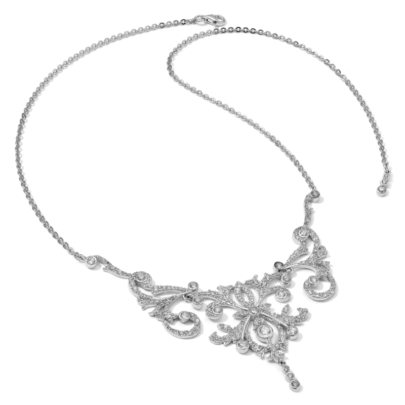 Sterling Silver Rhodium-plated Brilliant-cut CZ Bezel Fancy Scroll 17 Inch Necklace with 2 Inch Extender