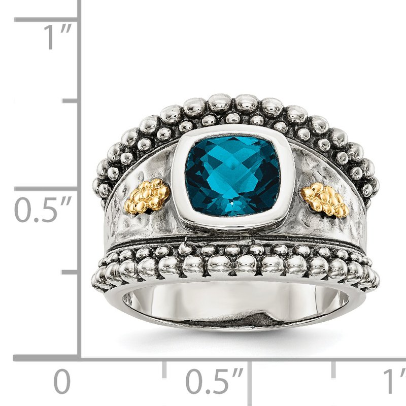 Sterling Silver with 14K Accent Antiqued Checkerboard Cushion London Blue Topaz Ring