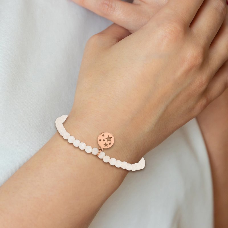 Stainless Steel Polished Rose IP-plated Stars 4mm White Jade Beaded Stretch Bracelet