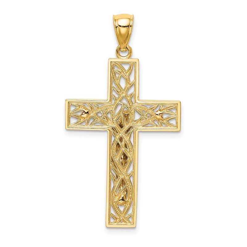 14K Two-Tone Satin Polished Diamond-cut Crucifix with Vines Pendant