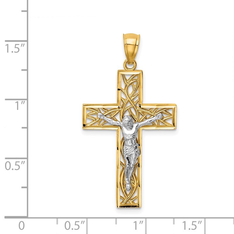 14K Two-Tone Satin Polished Diamond-cut Crucifix with Vines Pendant
