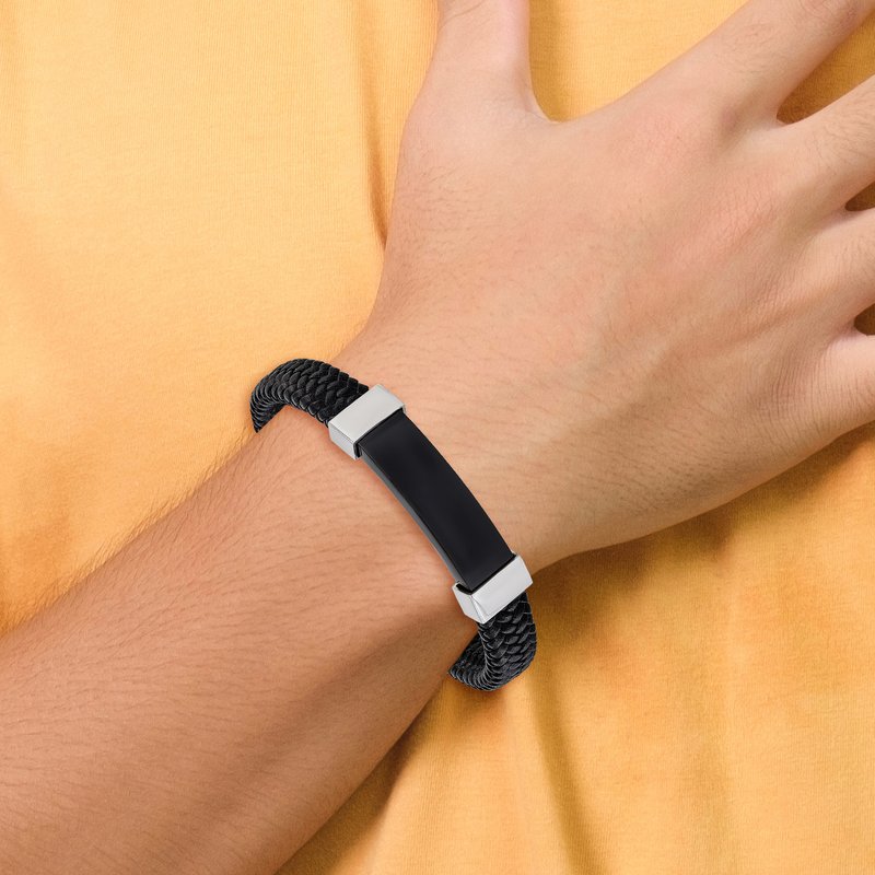 Stainless Steel Polished Black IP-plated Black Braided Leather 8.5 inch Bracelet