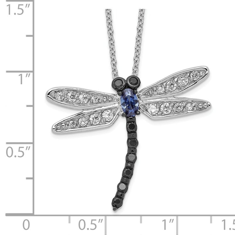 Sterling Silver Rhodium-plated with Black Rhodium Accent Brilliant-cut Black White and Blue CZ Dragonfly 18 Inch Necklace