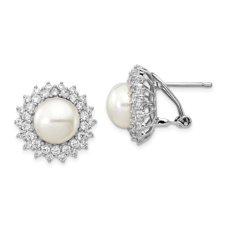 Sterling Silver Rhodium-plated Freshwater Cultured Pearl and Brilliant-cut CZ Omega Back Earrings