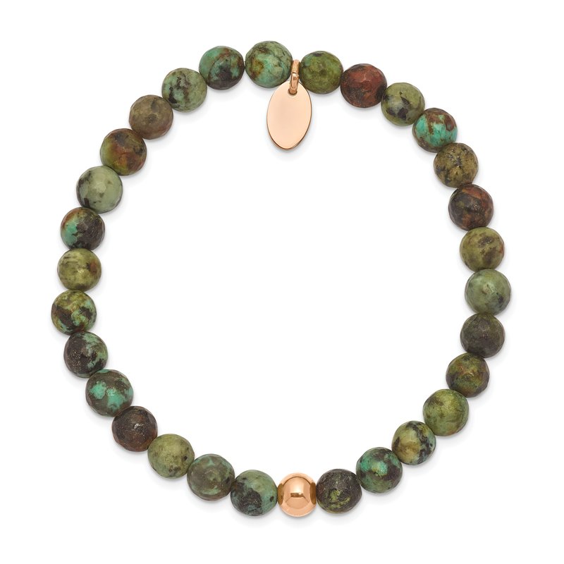 Stainless Steel Polished Rose IP-plated 6mm African Turquoise Beaded Stretch Bracelet