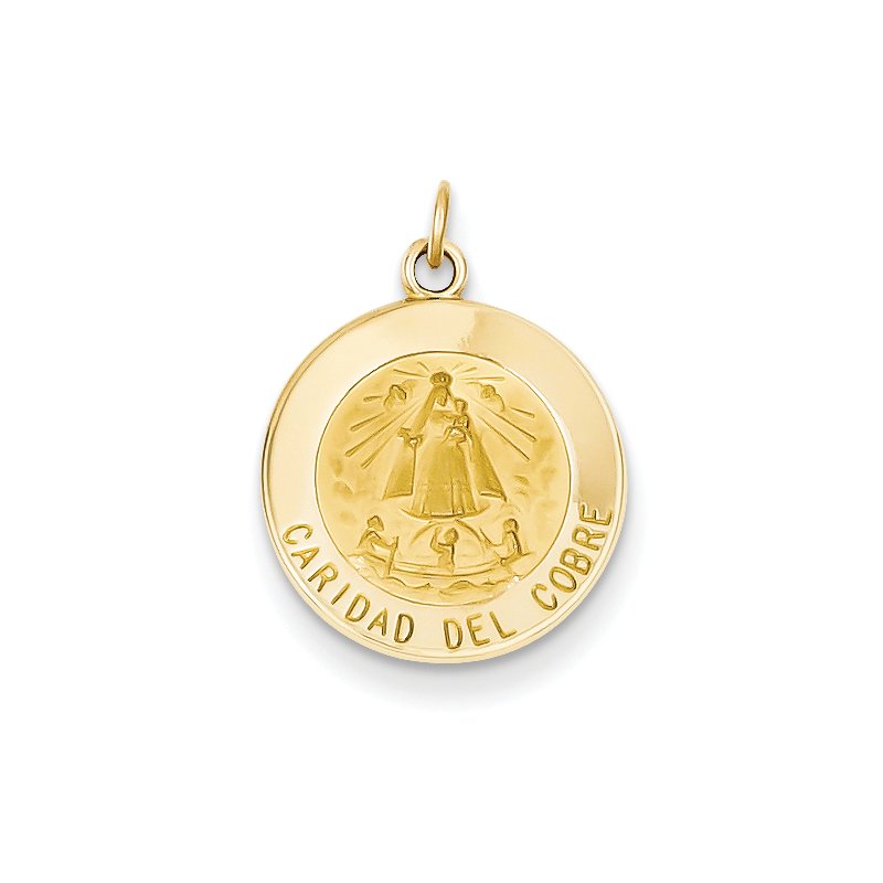 14k Polished and Satin Solid Caridad Del Cobre Medal Round Pendant