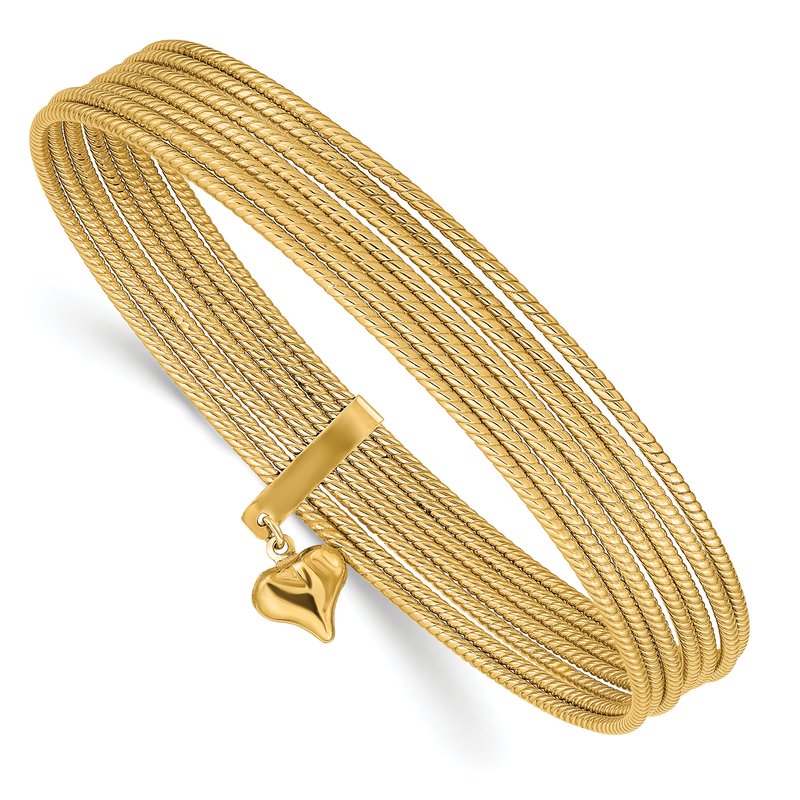 14K Oversize Polished and Textured with Dangle Heart 7-Strand 11.00mm Slip-on Round Bangle Bracelet