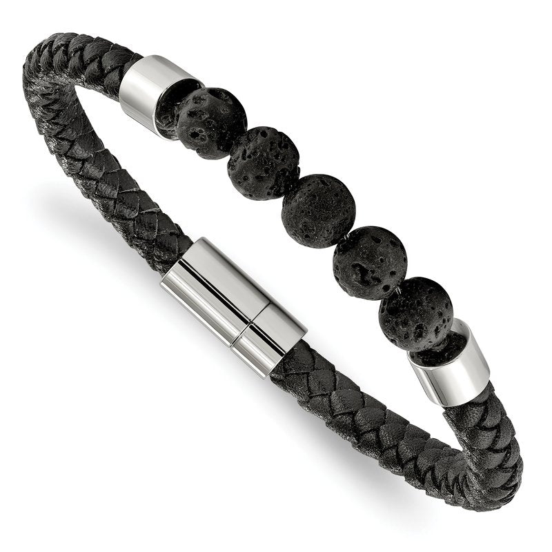 Stainless Steel Polished with Lava Stone Beads Black Leather 8.75 inch Bracelet