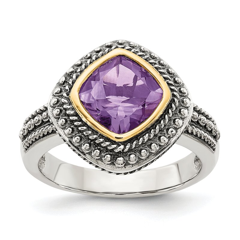 Sterling Silver with 14K Accent Antiqued Cushion Bezel Amethyst Ring