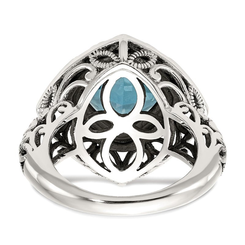 Sterling Silver with 14K Accent Antiqued Cushion Blue Topaz Ring