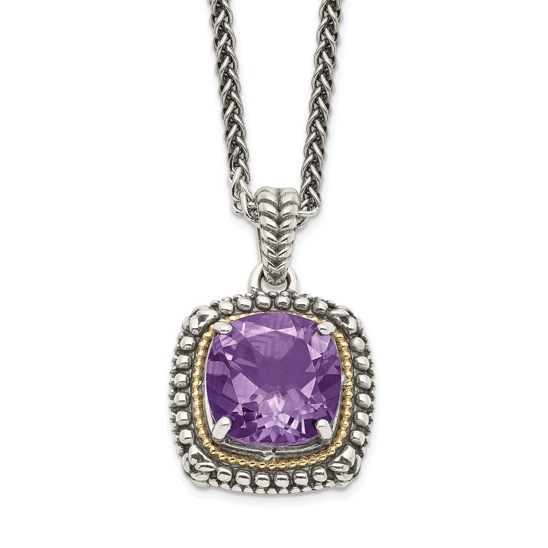 Sterling Silver with 14K Accent 18 Inch Antiqued Cushion Amethyst Necklace