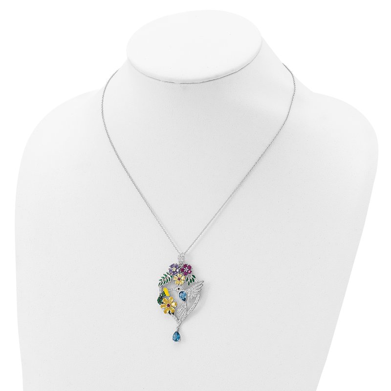 Sterling Silver Rhodium-plated Enameled Multicolor Brilliant-cut Glass and CZ Floral Hummingbird 18 Inch Necklace