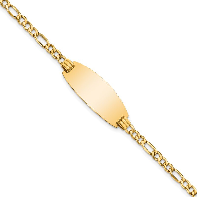 14k Polished Semi-Solid Chain/Solid Plate Figaro Link Oval 25x11.2mm Plate 7 inch ID Bracelet