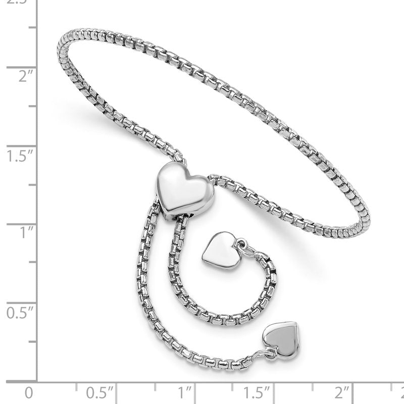 Sterling Silver RH-plated Round Rectangle Box Heart Adj. Bracelet