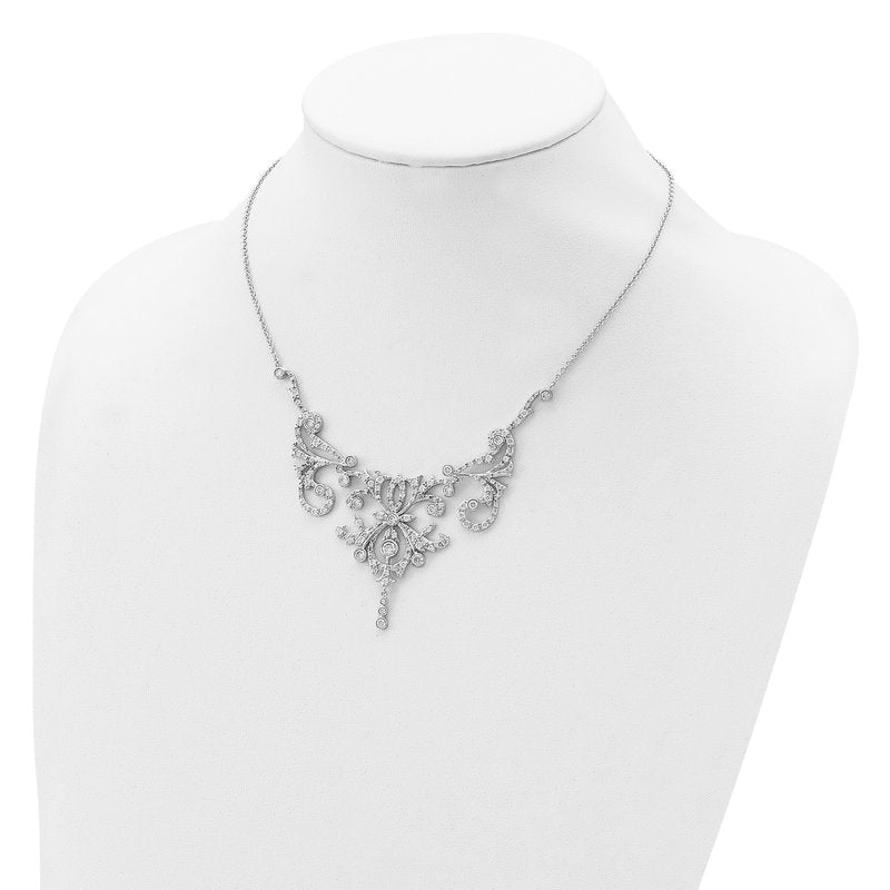 Sterling Silver Rhodium-plated Brilliant-cut CZ Bezel Fancy Scroll 17 Inch Necklace with 2 Inch Extender