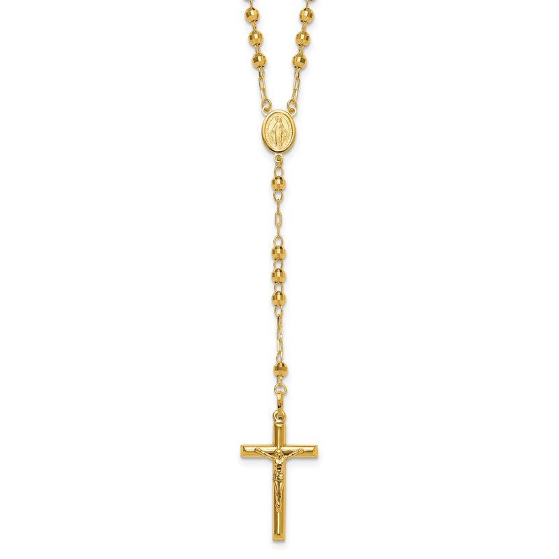 14k Polished Crucifix and Miraculous Medal with 4mm Mirror Beads Semi-solid 24 inch Rosary Necklace