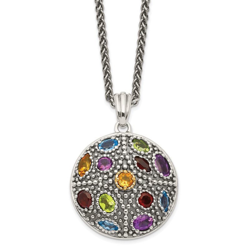 Sterling Silver with 14K Accent 18 Inch Antiqued .43Amethyst/.19Citrine/.32Blue Topaz/.32Peridot/.35Garnet Necklace