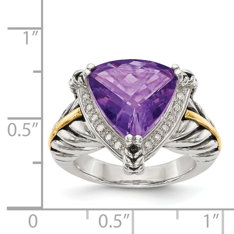 Sterling Silver with 14K Accent Antiqued Trillion Amethyst and Diamond Ring