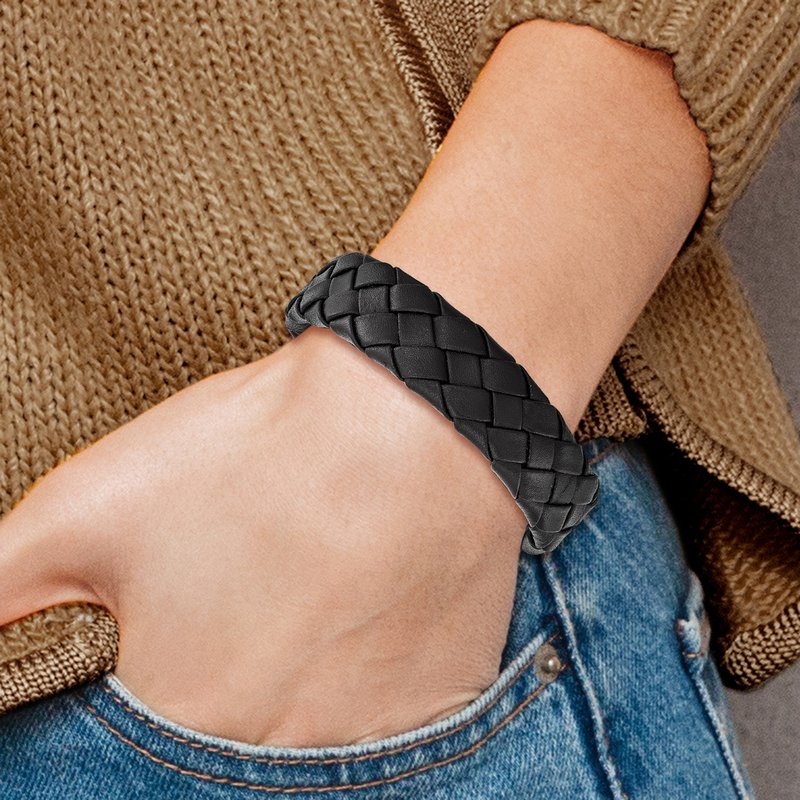 Stainless Steel Brushed Black Leather 8.5 inch Bracelet