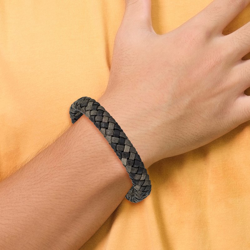 Stainless Steel Brushed Gun Metal IP-plated Brown Braided Leather 8.25 inch Bracelet