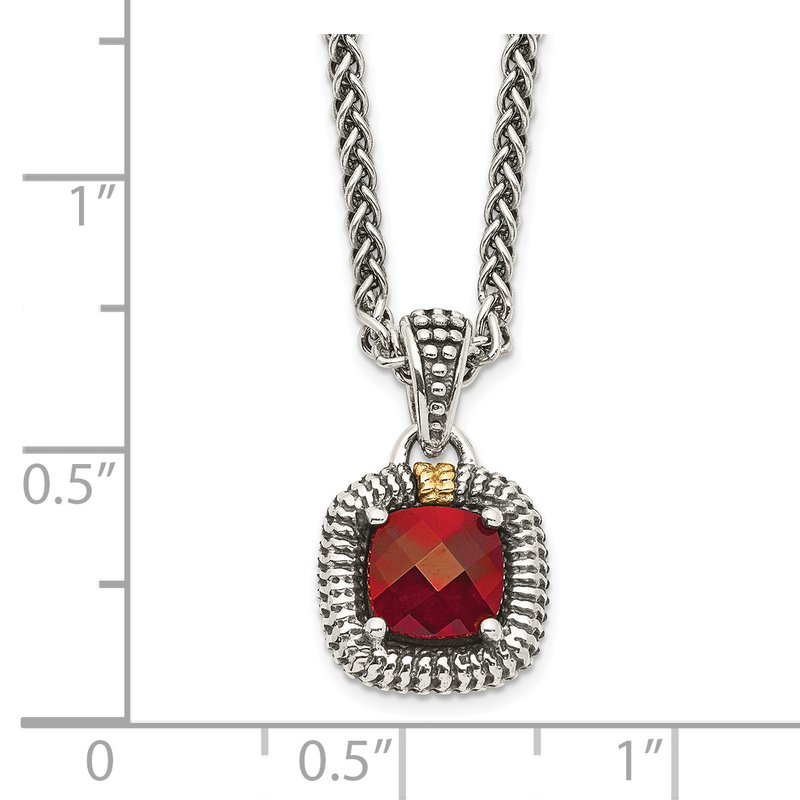 Sterling Silver with 14K Accent 18 Inch Antiqued Checkerboard Bezel Garnet Necklace