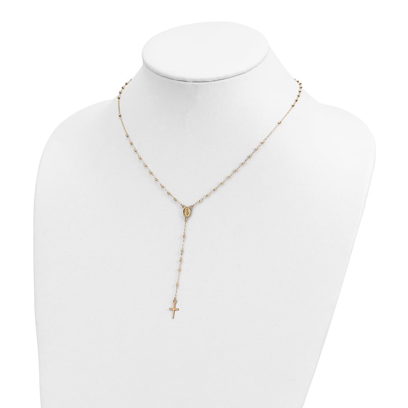 14k Polished Cross and Miraculous Medal with Diamond-cut Beads 17 inch Rosary Necklace Plus 3 inch Extender
