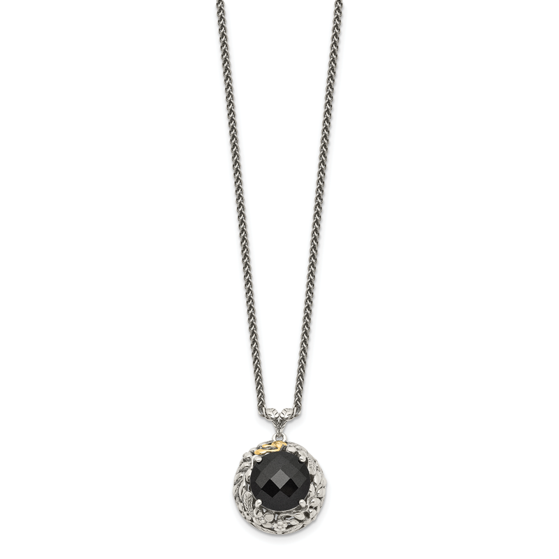 Sterling Silver with 14K Accent 18 Inch Antiqued Checkerboard-cut Black Onyx Necklace