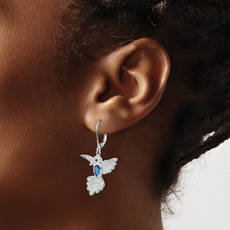 Sterling Silver Rhodium-plated Brilliant-cut Lab Created Dark Blue Spinel and Brilliant-cut White CZ Hummingbird Leverback Dangle Earrings