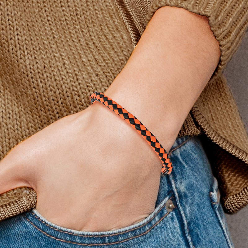 Stainless Steel Polished Black IP-plated Black and Orange Braided Leather 9 inch Bracelet