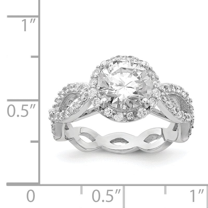 Sterling Silver Rhodium-plated Brilliant-cut Round CZ Halo Center and Twisted Design Ring