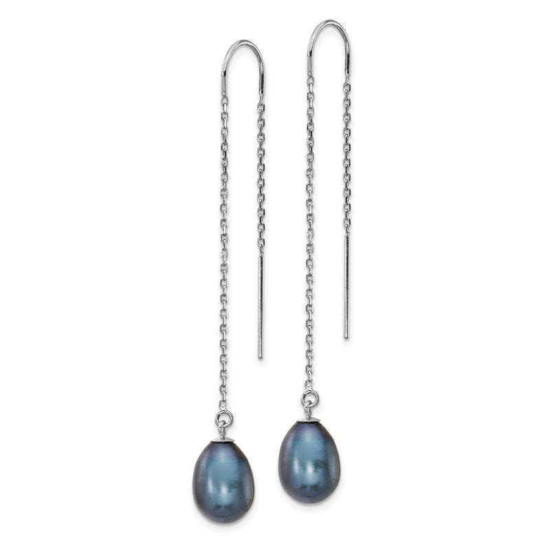14k White Gold 7-8mm Black Teardrop Freshwater Cultured Pearl Threader Earrings