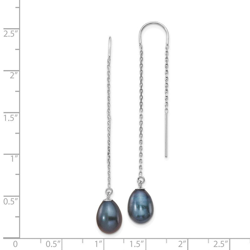 14k White Gold 7-8mm Black Teardrop Freshwater Cultured Pearl Threader Earrings