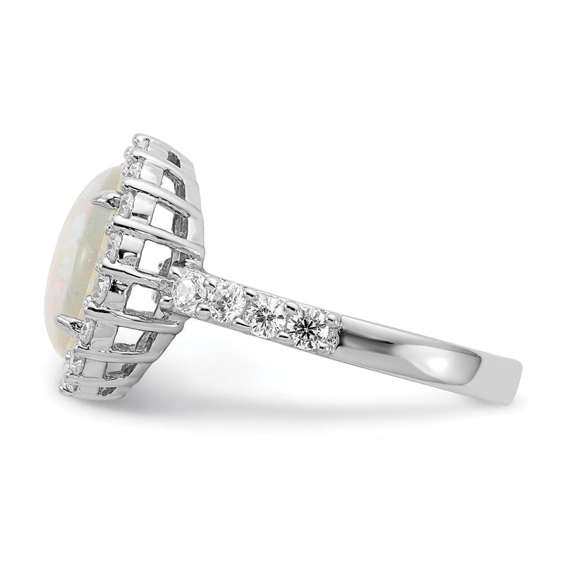 Sterling Silver Rhodium-plated Cabochon Lab Created Opal and Brilliant-cut CZ Halo Ring