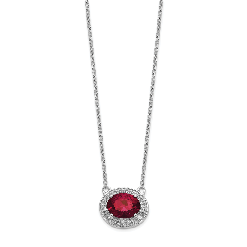 14k White Gold Diamond and 6x4mm Oval Ruby Halo East-West 18 inch Necklace
