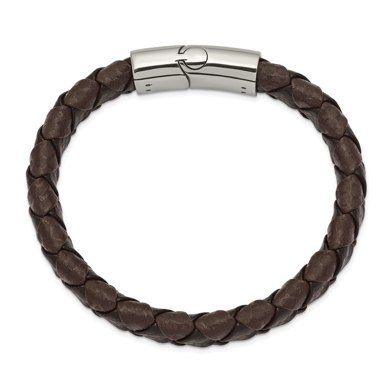 Stainless Steel Polished Black and Brown Textured Leather 8 inch Bracelet