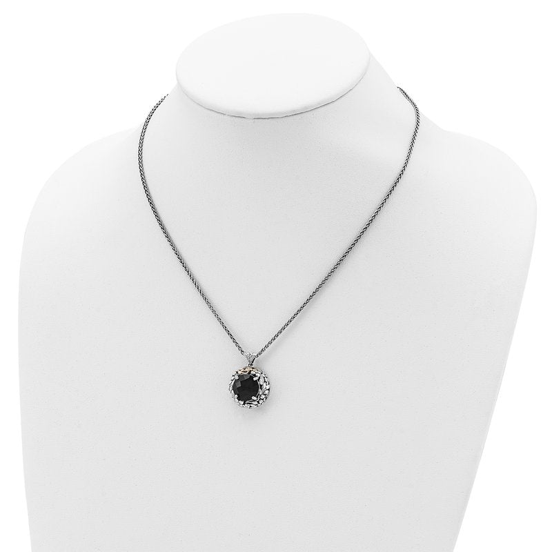 Sterling Silver with 14K Accent 18 Inch Antiqued Checkerboard-cut Black Onyx Necklace
