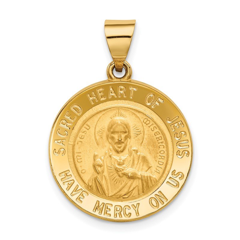 14k Polished and Satin Hollow Sacred Heart of Jesus Medal Round Pendant