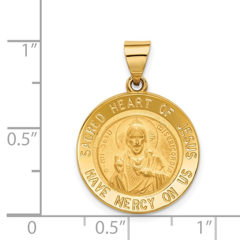 14k Polished and Satin Hollow Sacred Heart of Jesus Medal Round Pendant