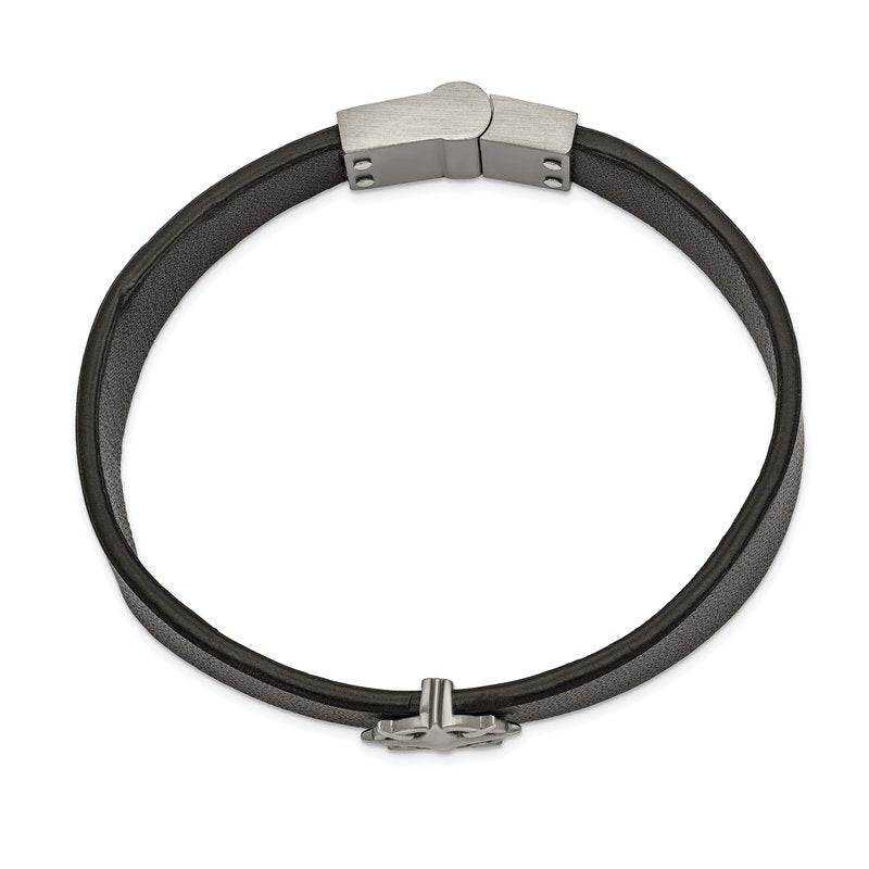 Stainless Steel Brushed Antiqued White Bronze-plated Compass Black Leather 8.25 inch Bracelet