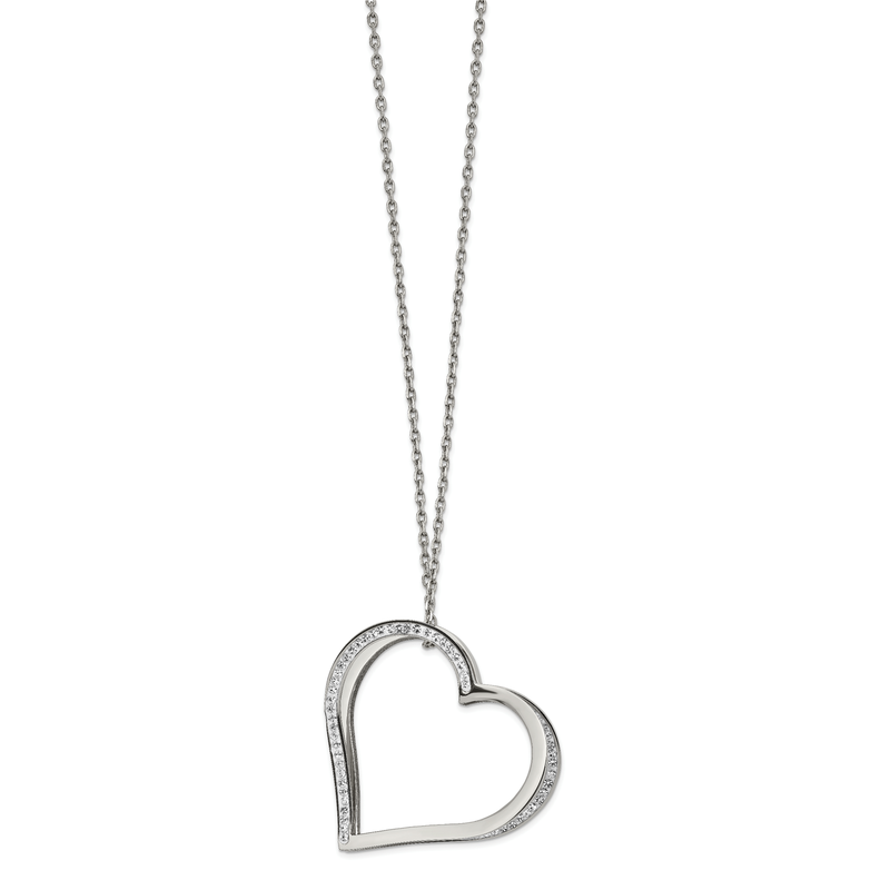 Stainless Steel Polished with Preciosa Crystal Heart Slide on an 18 inch Cable Chain Plus a 2 inch Extension Necklace