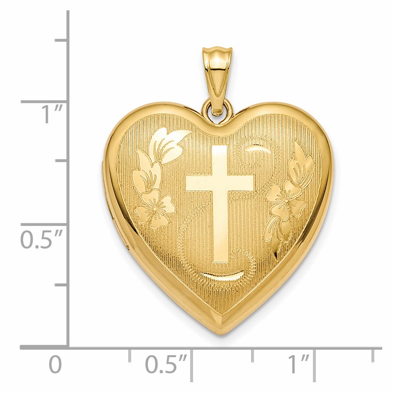 14k Textured and Diamond-cut Floral Cross Ash Holder 24mm Heart Locket