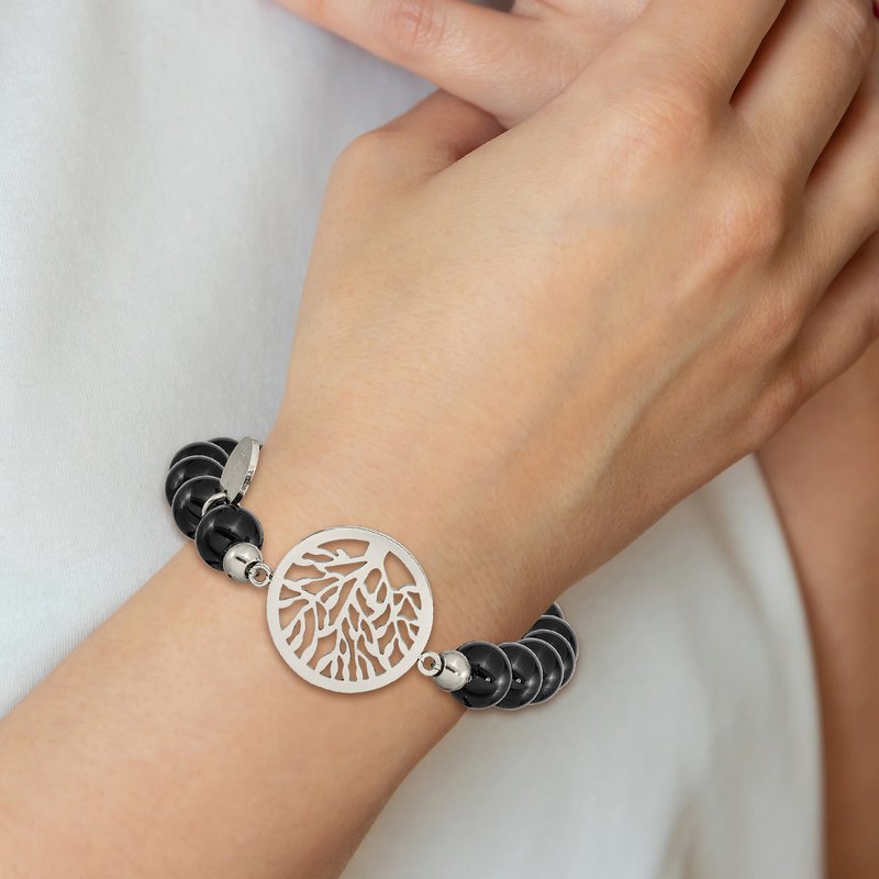 Stainless Steel Polished Tree of Life 8mm Black Agate Beaded Stretch Bracelet