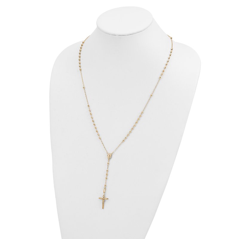 14k Polished Crucifix and Miraculous Medal with 3mm Mirror Beads Semi-solid 24 inch Rosary Necklace