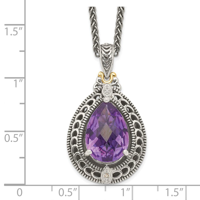 Sterling Silver with 14K Accent 18 Inch Antiqued Diamond and Pear Shaped Amethyst Necklace