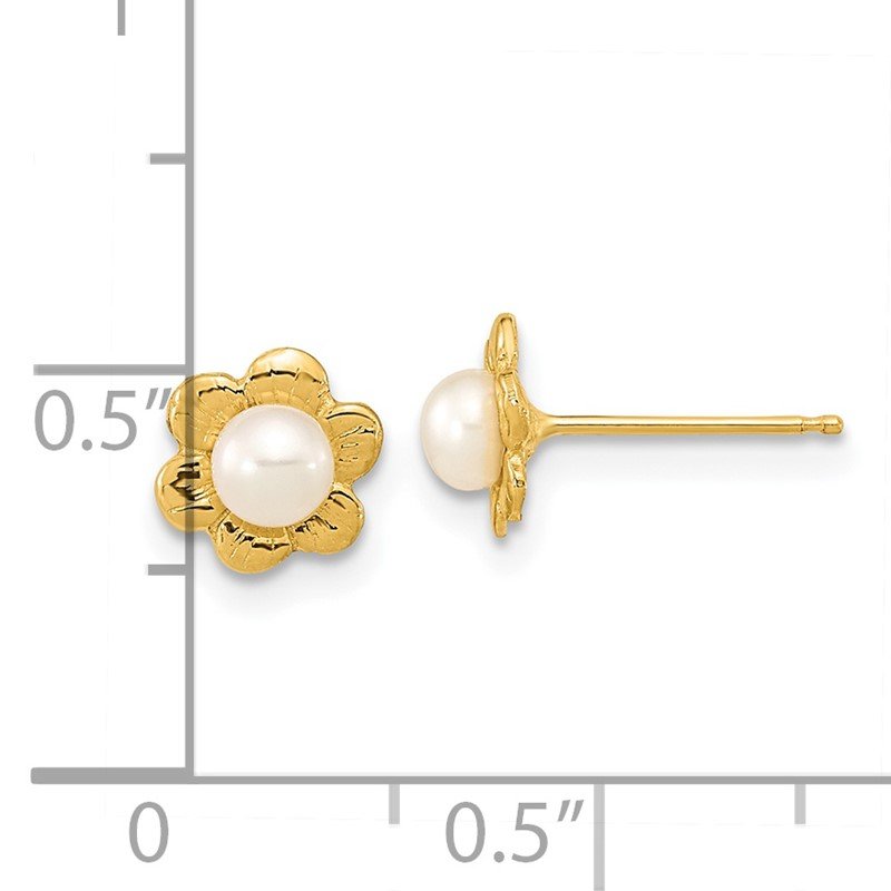 14k 3-4mm White Button Freshwater Cultured Pearl Flower Post Earrings