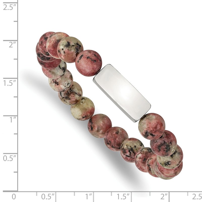 Stainless Steel Polished ID Plate 8.5mm Rhodochrosite Beaded Stretch Bracelet