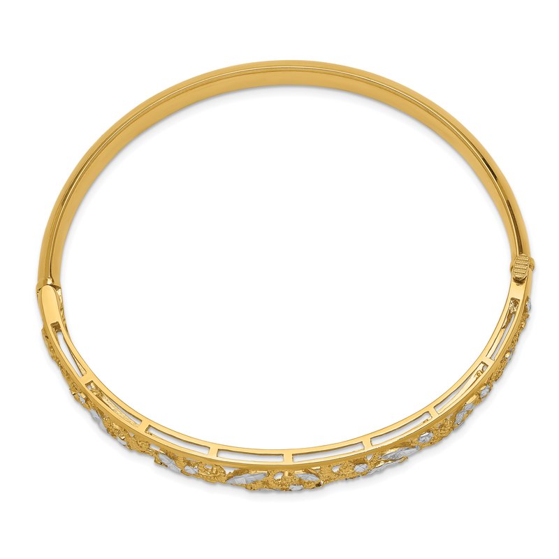 14K with White Rhodium Diamond-cut Filigree Graduated 9.00mm Hinged Oval Bangle Bracelet